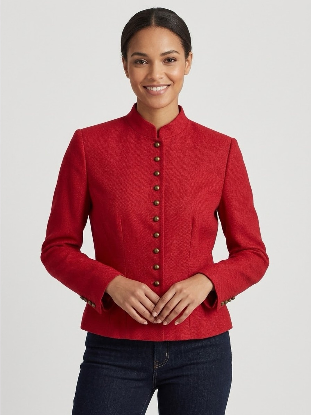 LAUREN Ralph Lauren Red Linen Military Jacket Mandarin Collar Brass Buttons Sz 6